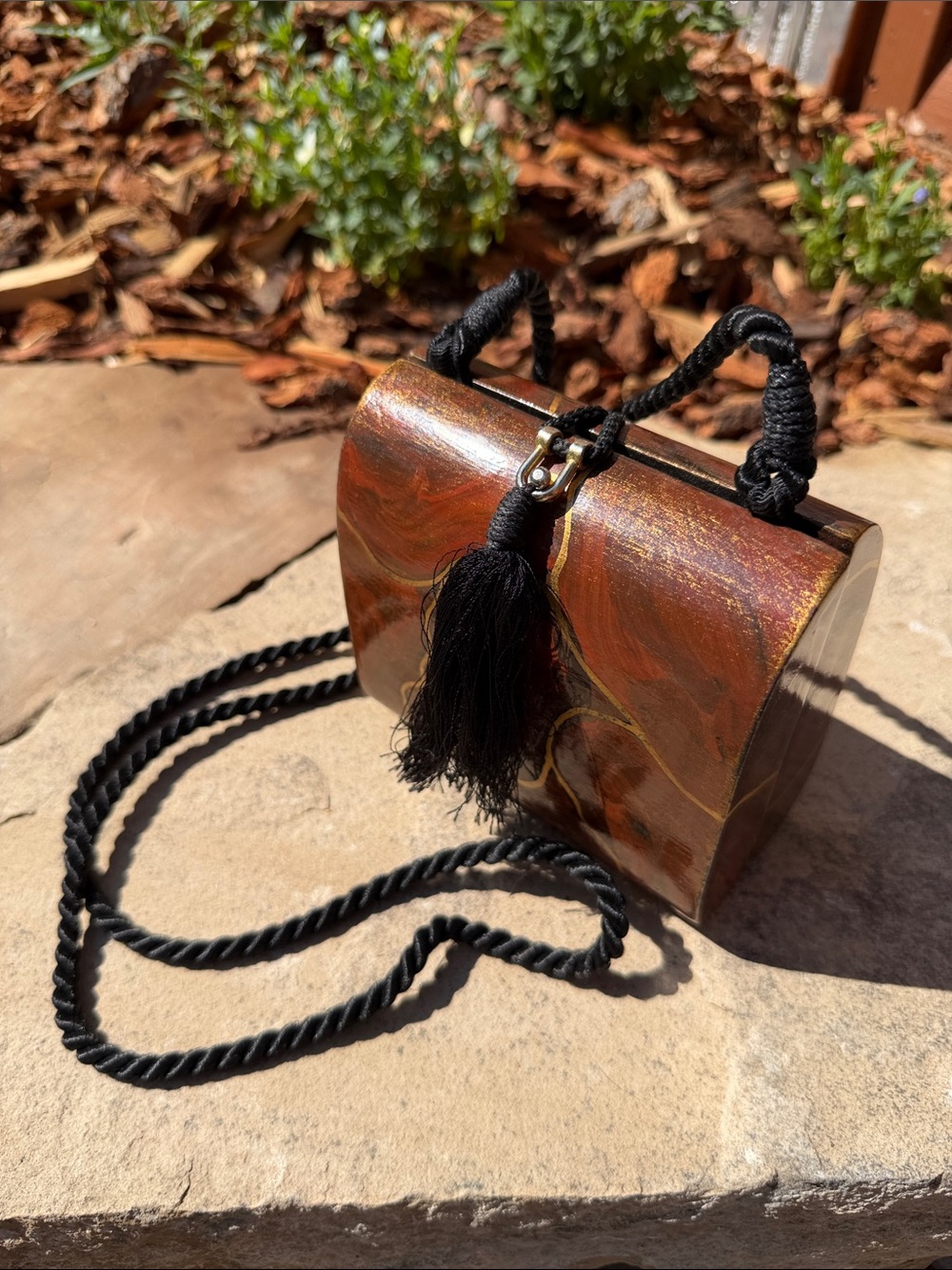 Unique Hand-Painted Brown Mini Shoulder Bag with Black Tassel
